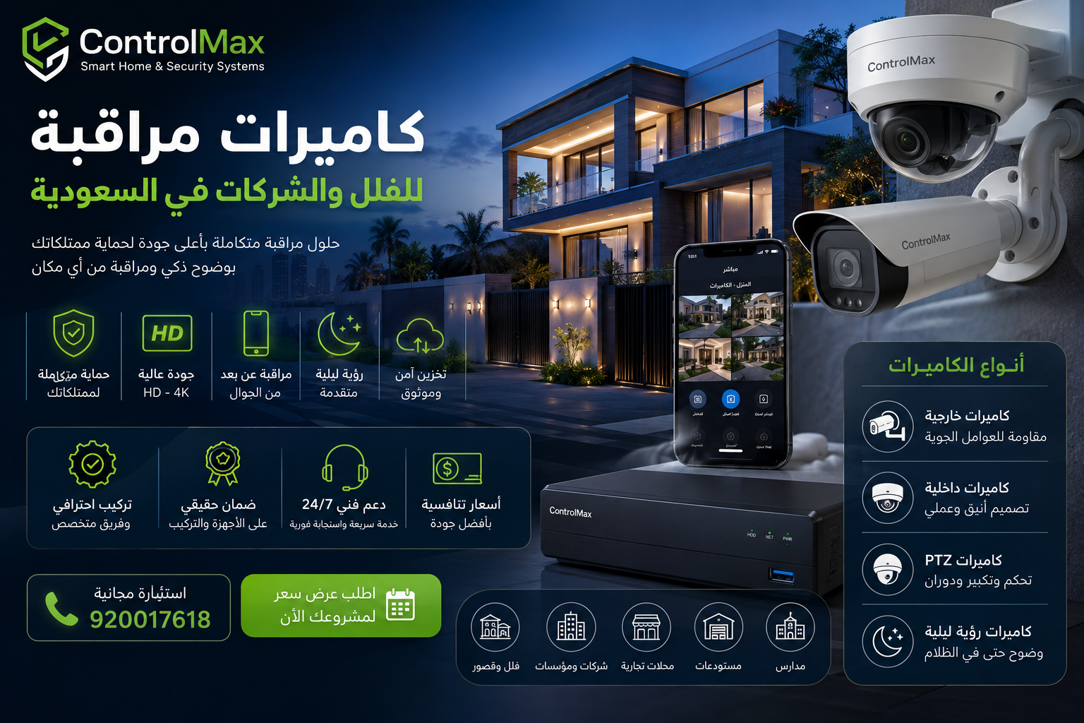 كاميرات مراقبة للفلل والشركات في السعودية مع نظام IP PoE ومراقبة عن بعد من ControlMax